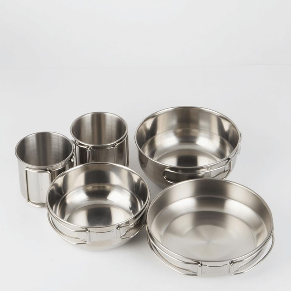 5Pcs 304 Stainless Steel Camping Cookware Set Stackable Foldable Handle Portable Cooking Pot Multi-functional Space Saving