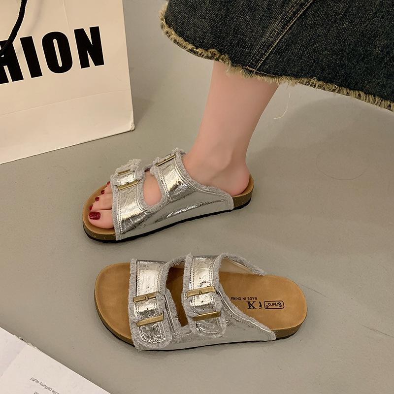 Fashion buckle one-word drag women's summer new versatile cool slippers lightweight muffin slippers