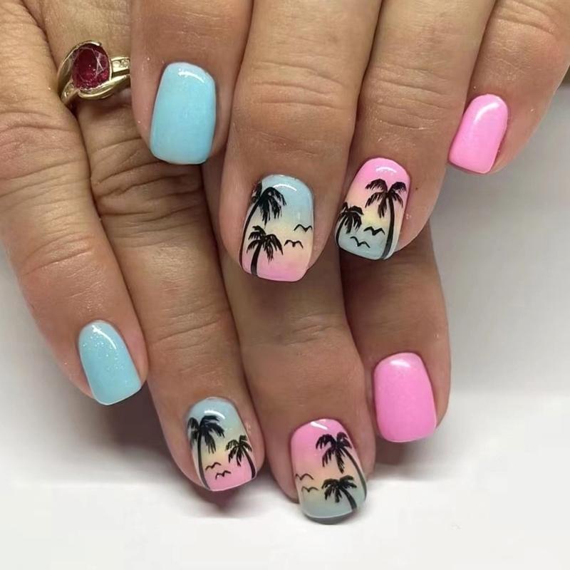 24 Pcs Gradient Artificial Nail Short Square Full Cover False Nail Glossy Stick on Nail Coconut Tree Press On Nail
