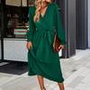Women's Long Sleeve Maxi Dress Casual A-line Swing Flowy Tiered Long Dress Summer V Neck Lace Up Beach Sundress