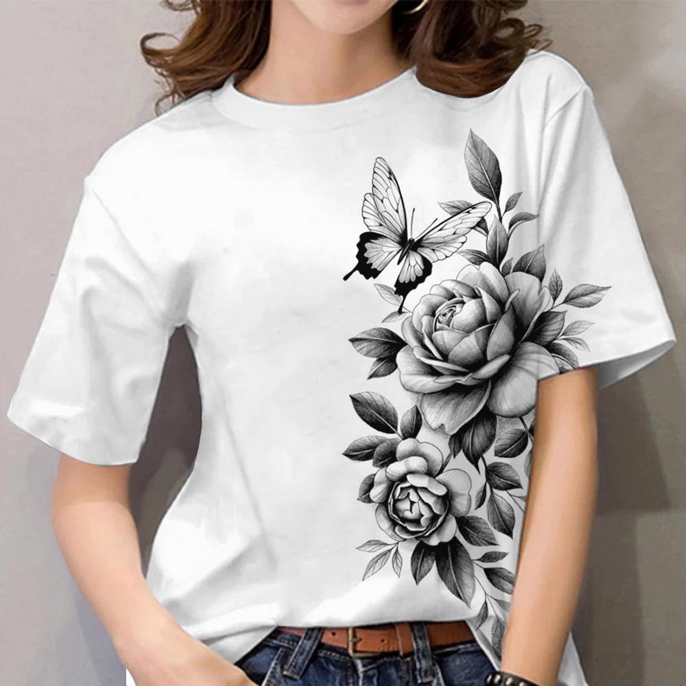 Summer Round Neck 3D Butterfly Flower Pattern Print Top Fashionable Casual Short Sleeved Women's T-shirts