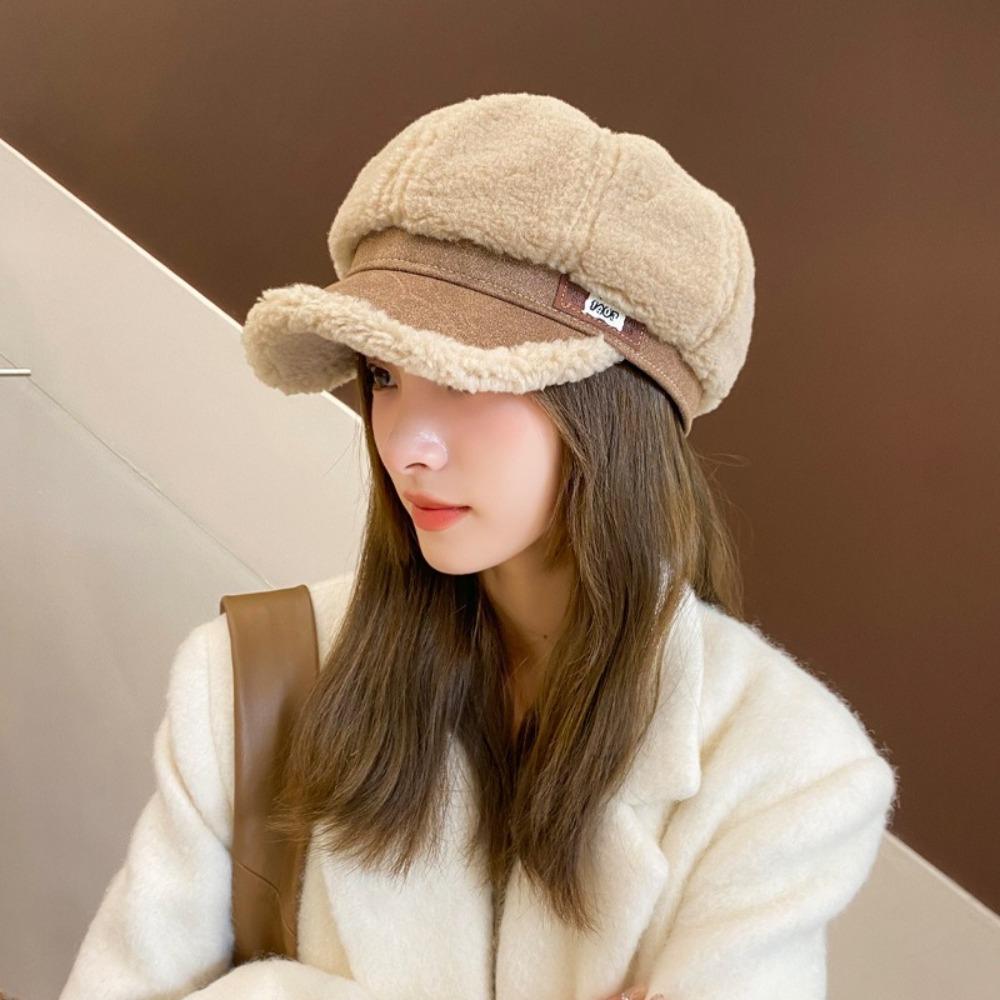 Coldproof Lamb Fleece Peaked Cap Thickened Plush Octagonal Cap Personality Winter Painter Hat  Girl