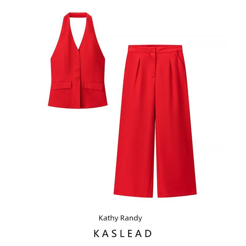 Kaslead New Arrival Women's Clothing Fashion Style V-neck Halter Vest High Waist Pants Casual Suit