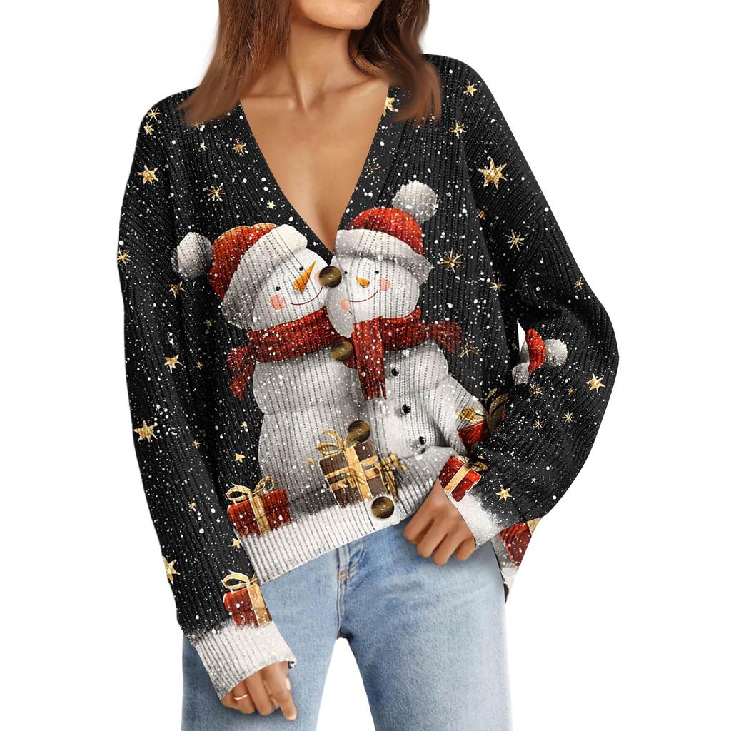 Women's Fashion Long Sleeve Christmas Print V-Neck Button Loose Cardigan Top