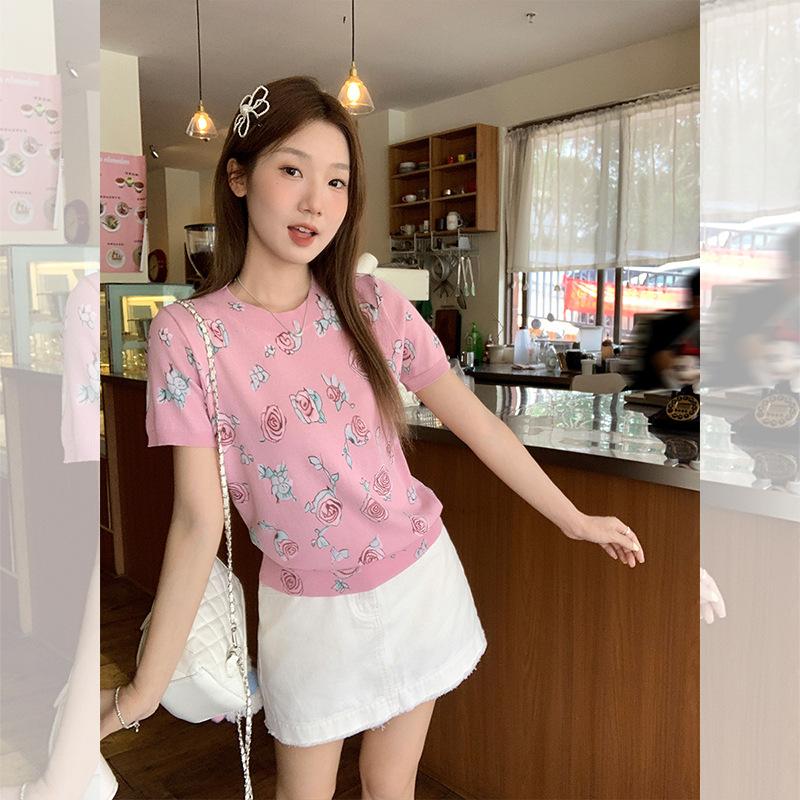 Korean chic vacation style wear knitted short-sleeved women's dopamine slim slim flower print unique top summer