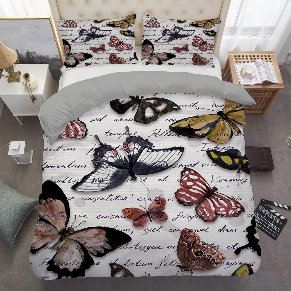 Schmetterling Bettbezug Set 3D Druck Lila Insekt Verträumt Leicht King Queen Bettdeckenbezug für Kind Junge Mädchen Polyester Bettwäscheset