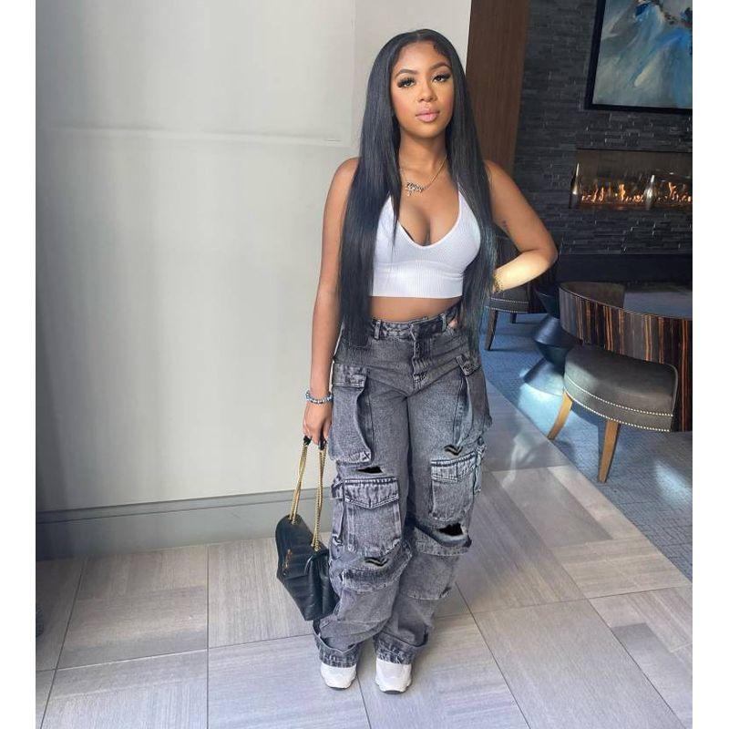 

New Arrival Denim Elastic Waist Three-Dimensional Cross-Border Amazon Hot Sale Multi-Pocket Trousers Retro Women s Overalls Casual Pants Pants Black 2XL