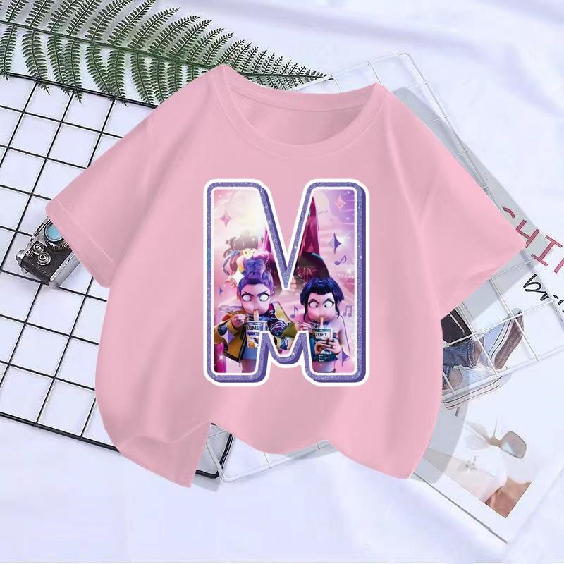 Cute letter boy T-shirt Kpop demon hunter T shirt children's boy and girl summer short sleeved top children's clothing