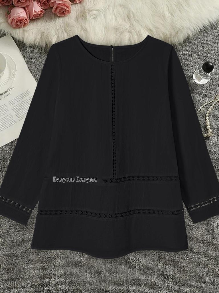 2025 Women's Semi-Transparent Solid Color Round Neck Hollow Long Sleeve Loose Cotton Shirt - Middle Eastern Style
