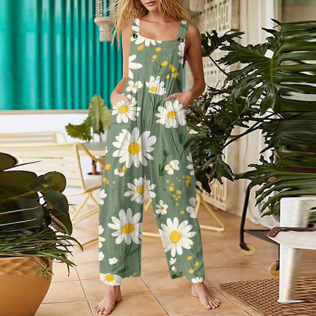 Womens Casual Overalls Jumpsuits Adjustable Straps Sleeveless Bohemian Comfy Rompers With Pocket