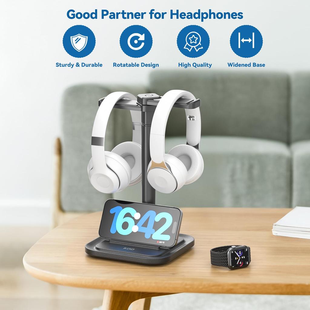 KDD Desktop Headphone Stand with Smartphone Stand Holds 2 Headphones Rotating Headphone Multifunctional Double Headphone Foldable Headphone Stylish