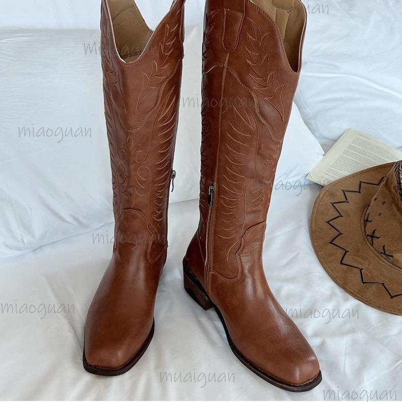 Vintage Totem Print Side Zip Pu Riding Boots Women Medium Heel Western Boots Women 2025 Winter Sexy Knee High Shoes