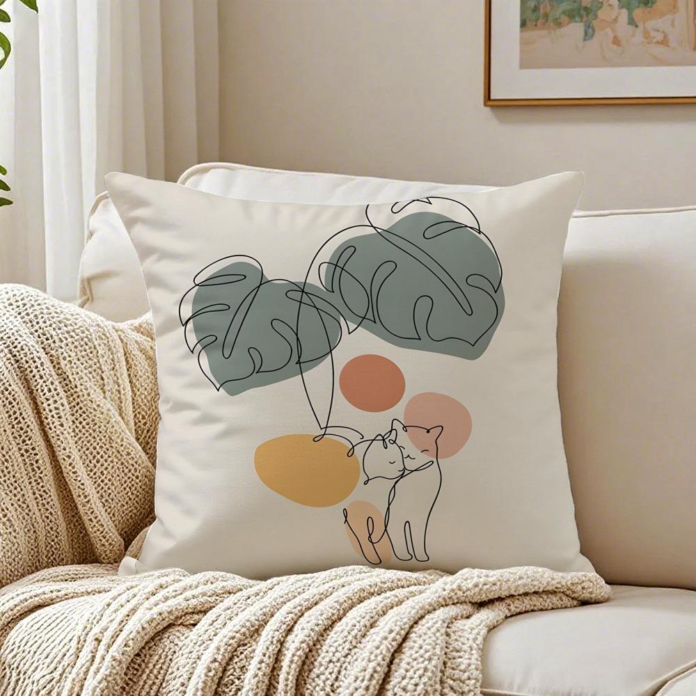 Minimal Casual Simple And Stylish Green Cat Cushion Cover Washable Linen Pillowcase Soft For Daily Sofa Bed Home Room Decor