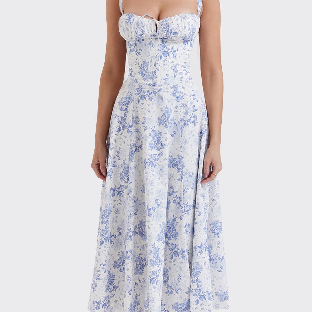 Low-cut Backless Sleeve Flower Print High Tight Waist High Split Summer Midi Dress Party Prom