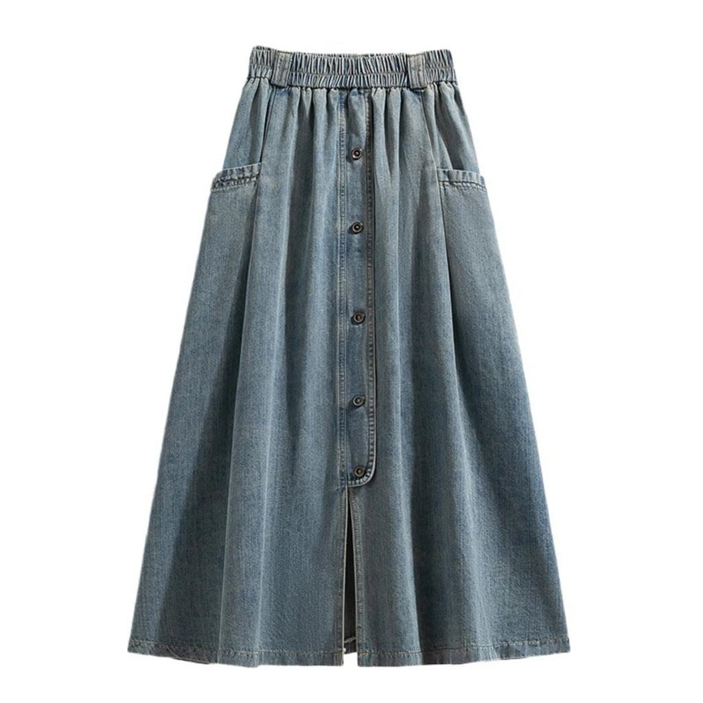 Large Size Denim Bustier Skirt Female High Waisted Buckle Large Skirt Hem Thin Small A-line Skirt