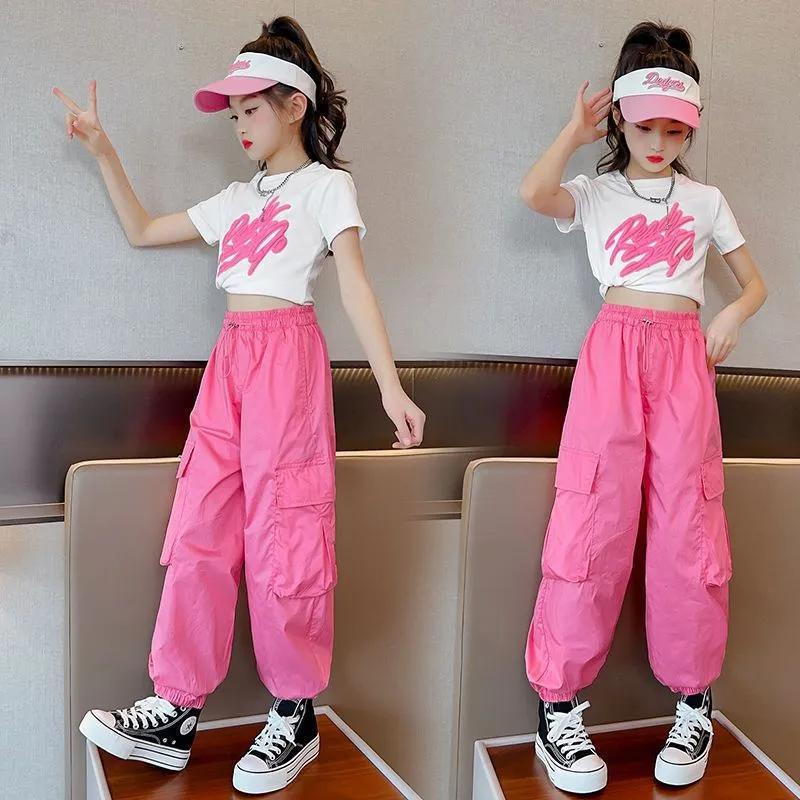 Kids Hip Hop Joggers Pants Girls Cargo Pants Straight Trousers High Waist Vintage Casual Streetwear Baggy Pants