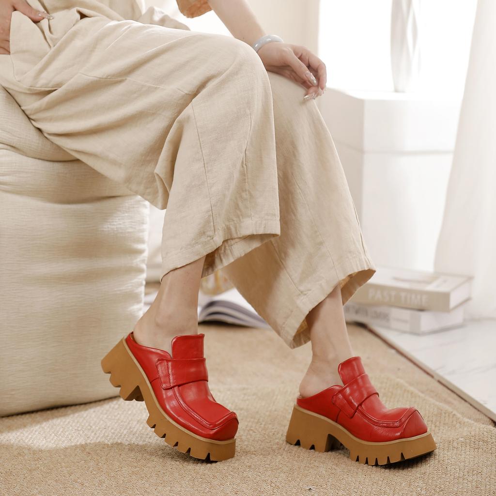 Johnature Retro Genuine Leather Square Toe Thick Soled Outdoor Slippers Thick Heel Women's Slip-on Shoes