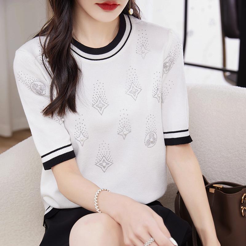 Round Neck Iron Diamond Ice Silk Short-sleeved T-shirt for Women In Summer New Slim Color-blocking Short-sleeved Thin Knitted Top