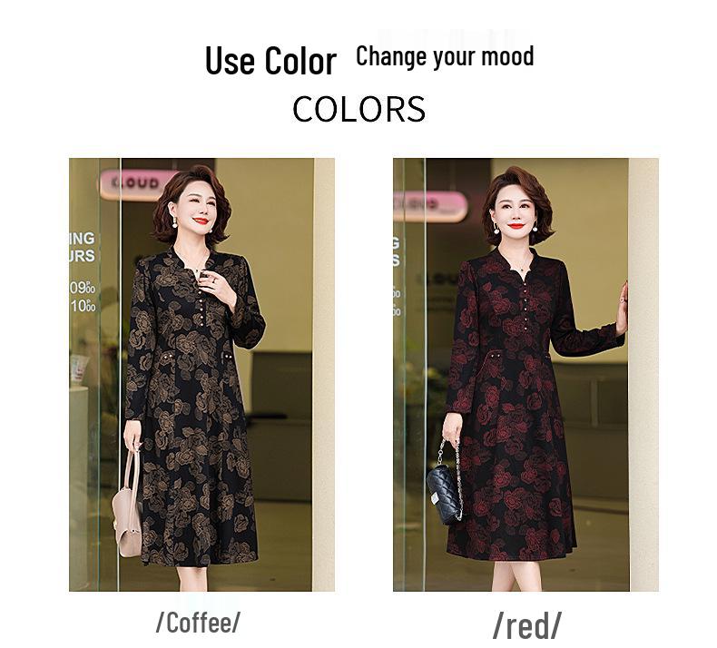 Spring New Plus Size Jacquard V-Neck Dress for Middle-Aged Women - Slimming, Long Sleeve, Stylish