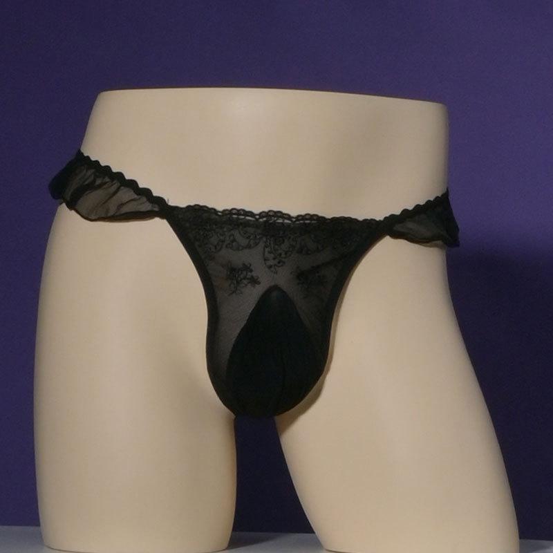 Lace Embroidery Men'S Bugle Pouch Silk Slip Bullet Separation Lingerie Low Waist Japanese G-String T-Back Thong Sissy Nightwear