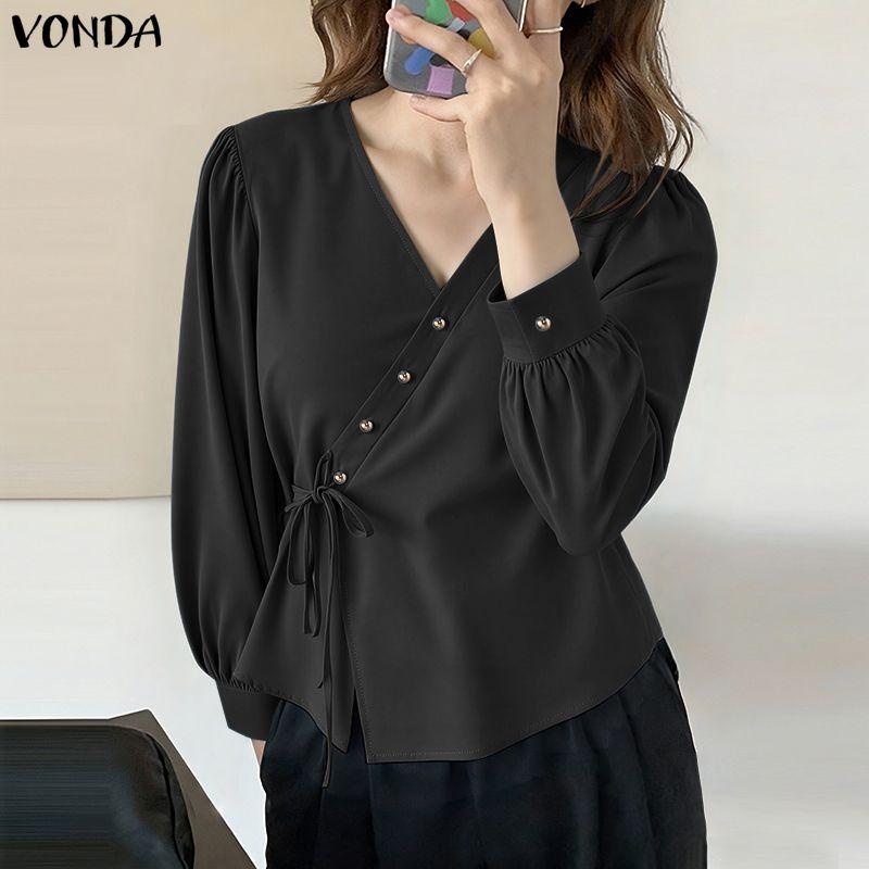 VONDA Women V-Neck Long Sleeve Lace-up Irregular Solid Color Casual Blouse