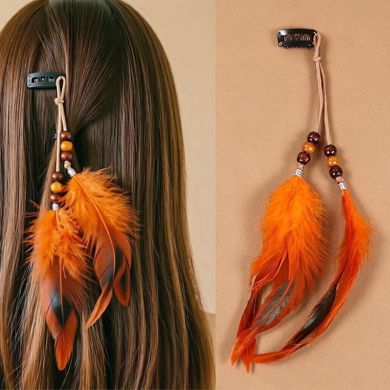 Vintage Feather Hair Accessory, Long Bohemian Fringe Headband With Beads, Handmade Festival Hair Clip For Women