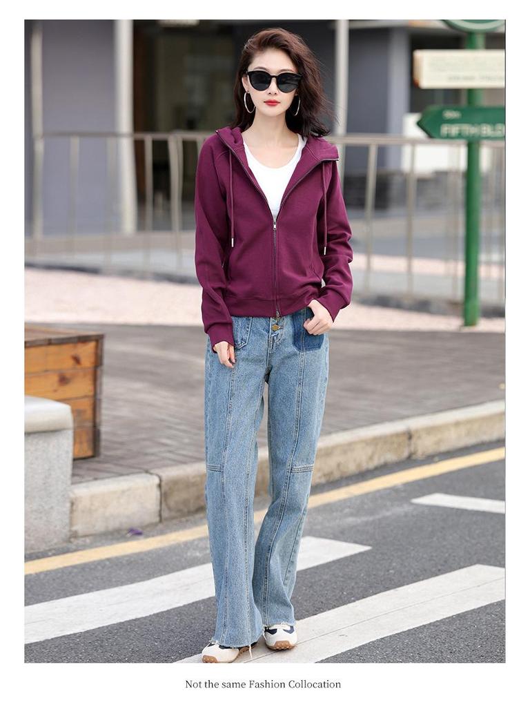 Grauer Damen-Cardigan-Hoodie mit doppeltem Reißverschluss, schwere Qualität - Sportlicher koreanischer Stil, Langarm, Frühjahr/Herbst Kollektion 2025.