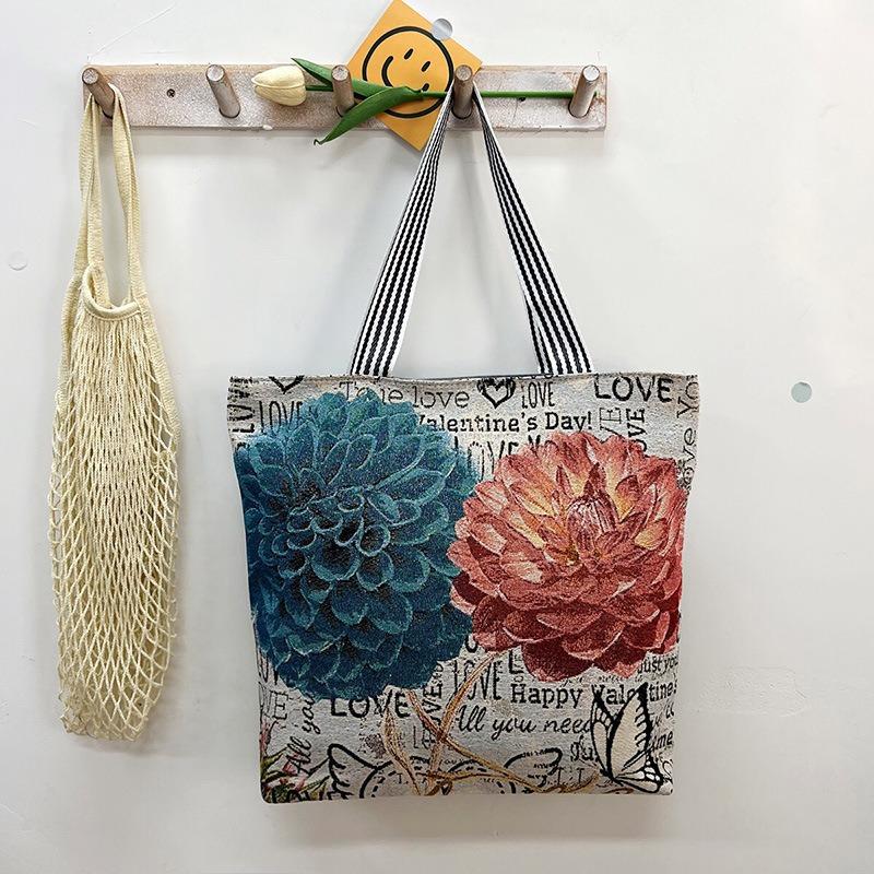 Large capacity tote bag gold silk embroidery canvas bag source creative pattern single-sided embroidery women's shoulder bag