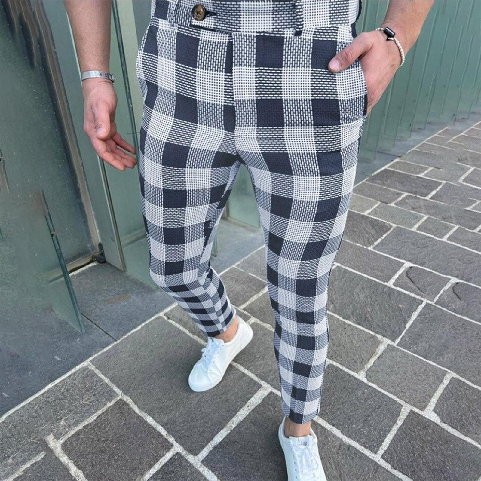 

(SU)Мужские модные эластичные классические брюки, облегающие брюки в клетку, брюки для делового костюма, повседневные брюки для гольфа XL темно-синий