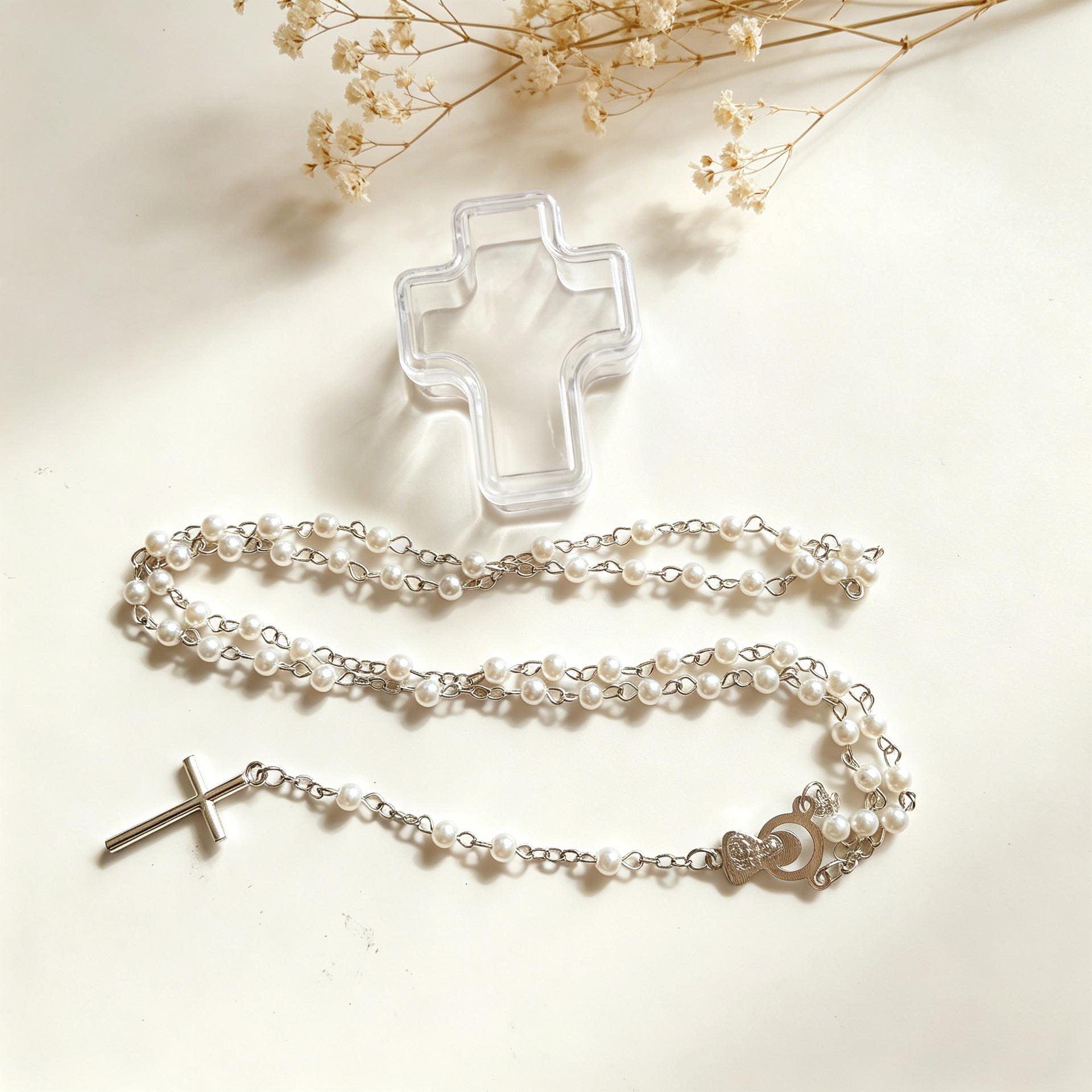 4MM Imitation Pearl Prayer Beads Necklace with Cross Pendant and Transparent Box, 59 Beads белый