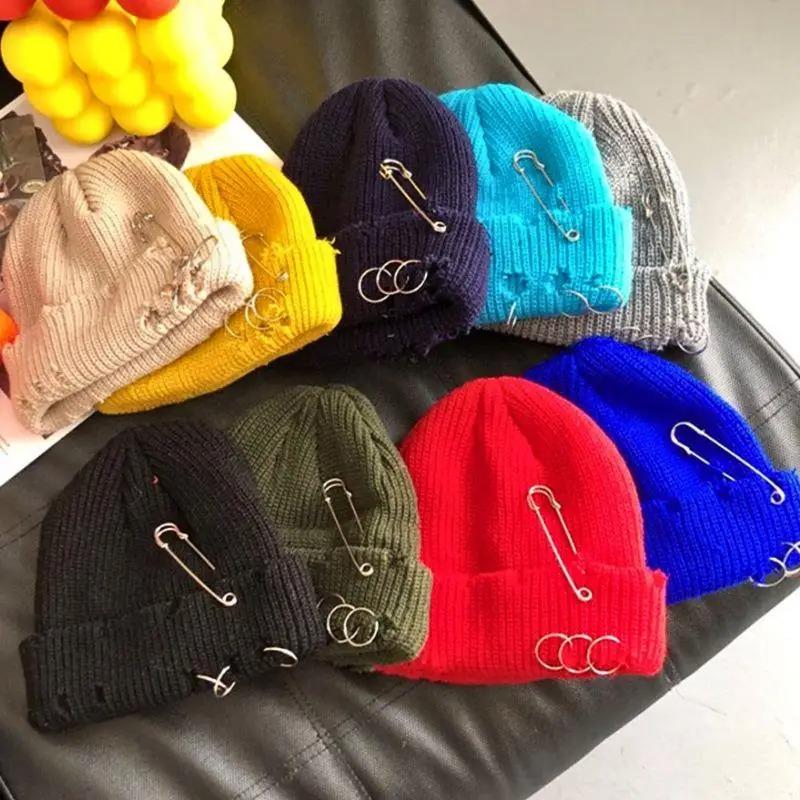 Unisex Warm Knitted Hats Hip Hop Beanies Cap Metal Pin Ring Brimless Hat Ripped Holes Edging Skullcap Hat Winter Caps