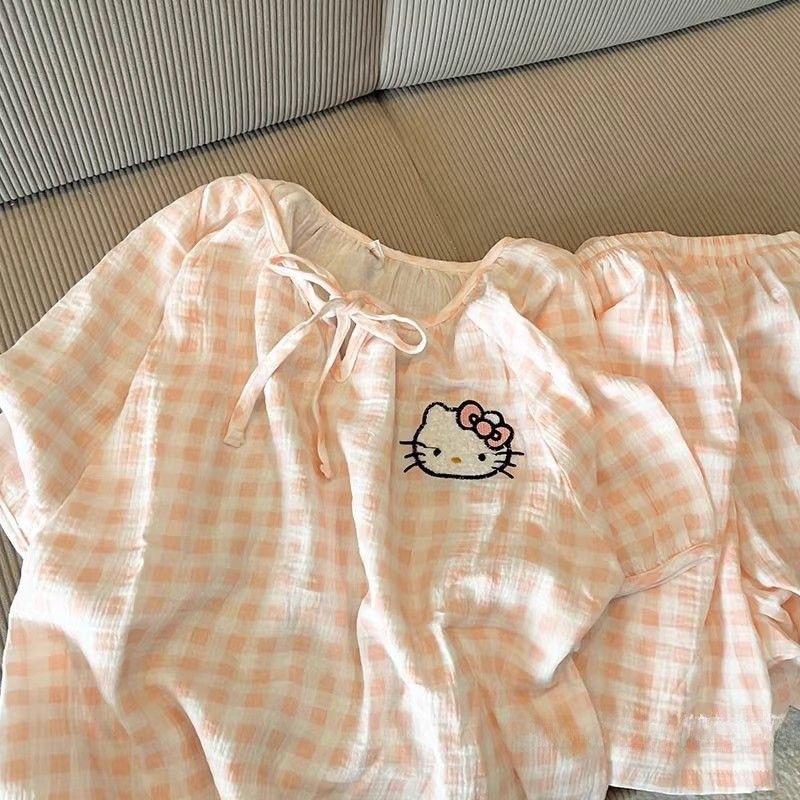 Pink plaid Kitty cat pajamas women's summer short-sleeved shorts ins style set can be worn outside loungewear two-piece set