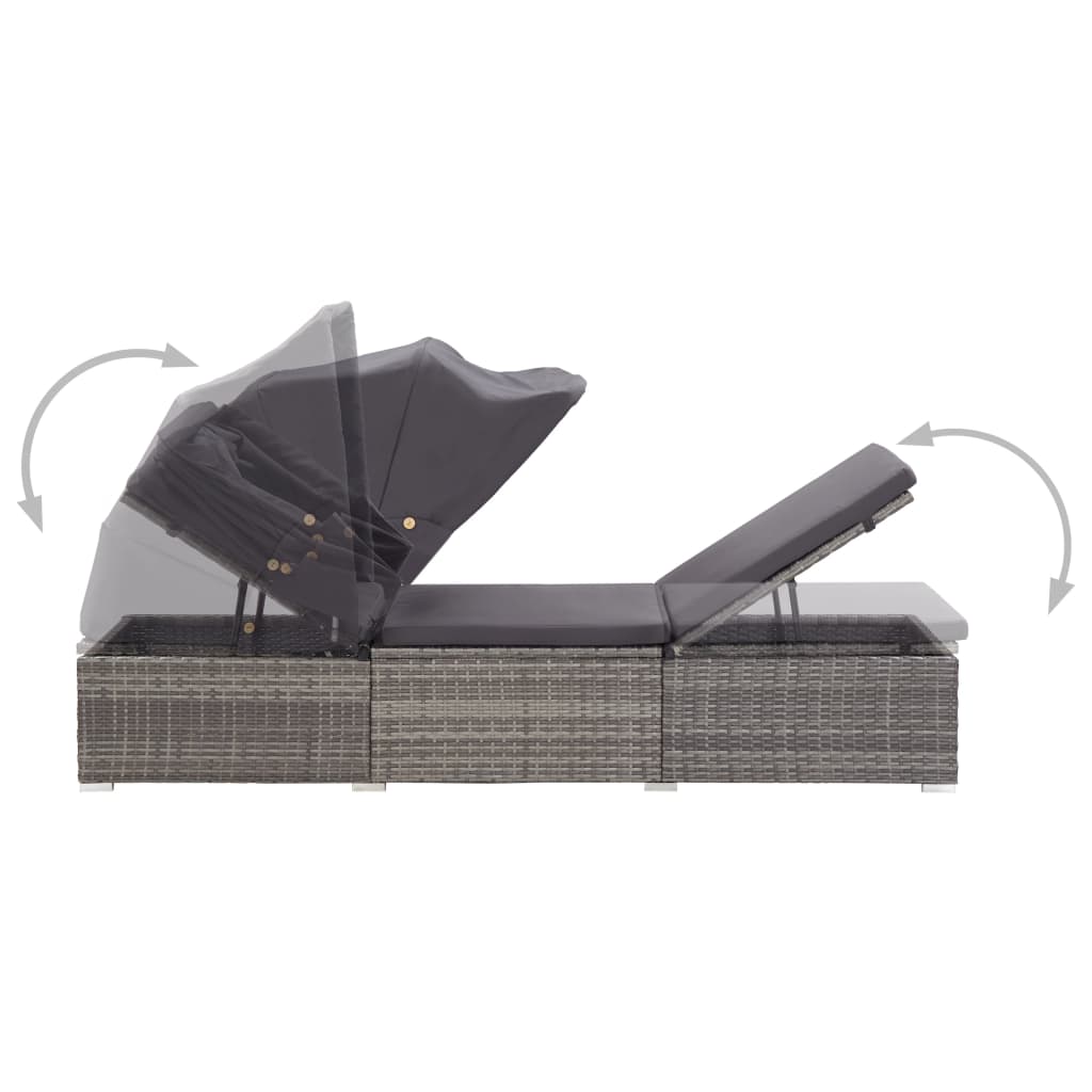 Sun Lounger with Sunshade and Cushions Poly Rattan Grey