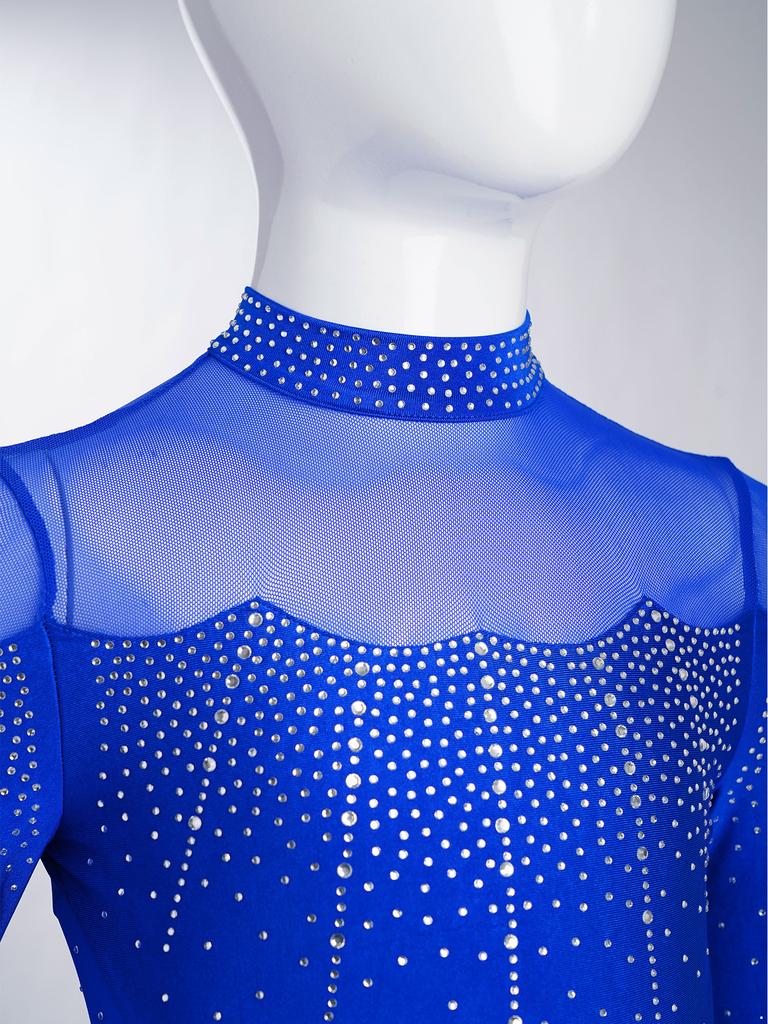 Dívčí krasobruslařské body s lesklými kamínky, celotělový trikot s falešným rolákem a dlouhým rukávem, s průsvitnou síťovanou mozaikou