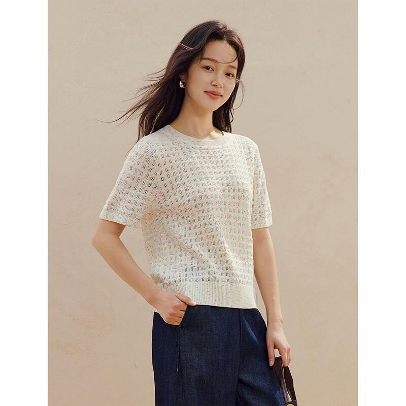 INMAN Women's Openwork Polka Dot Short Sleeve Knit Top