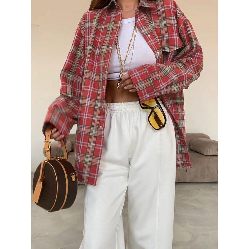 European and American Retro Plaid Lapel Long sleeve Loose Shirts Plaid Lapel Loose Fitting Shirt