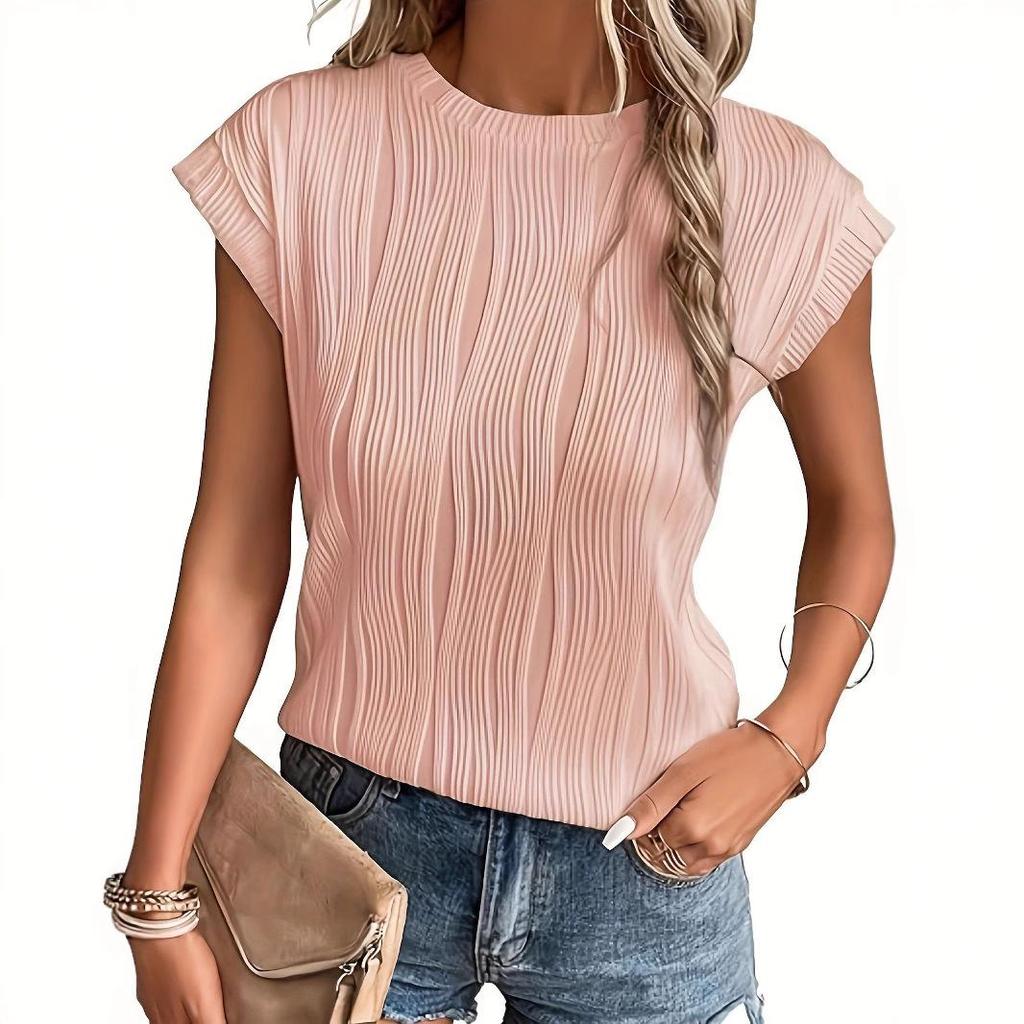 2025 Women's Round Neck Textured Short Sleeve T-shirt - European & American Style