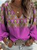Retro Ethnic V-neck Women's Top - Lantern Sleeve Totem Print Loose and Slimming Long-sleeved Top - Bohemian Style