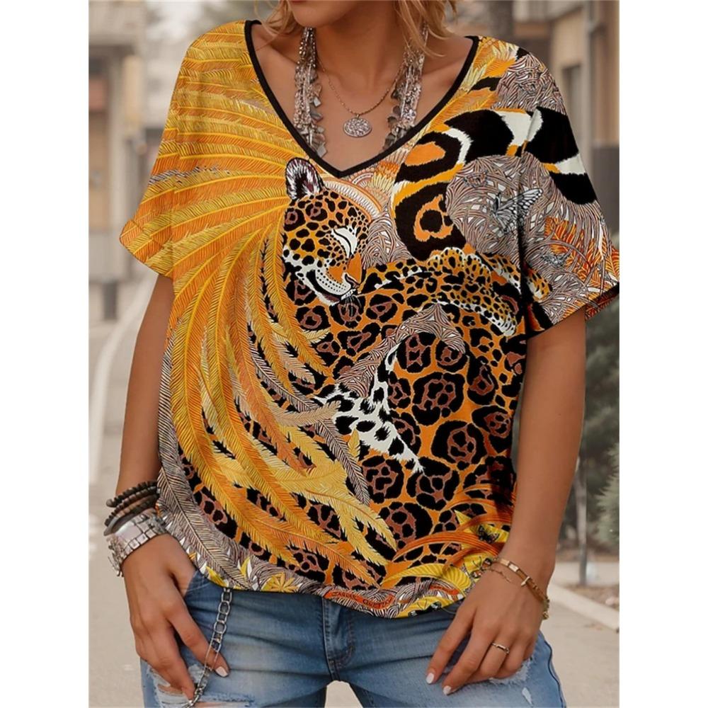 

Women s T-shirt Animal Color Block Casual Short Sleeved V-neck Regular Top Daily Print S