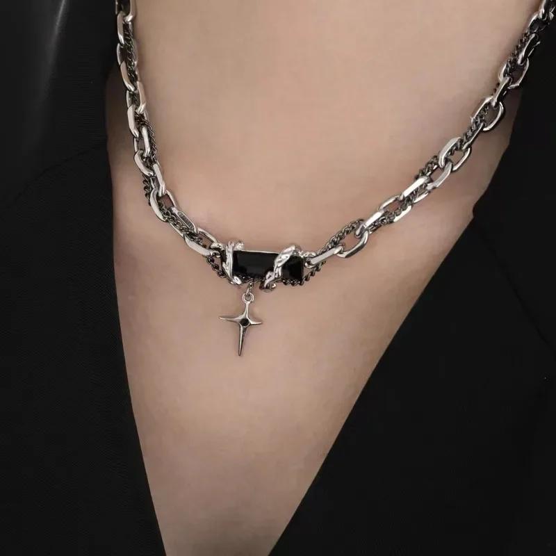 Punk Vintage Cross Star Crystal Beaded Collar Pendant Necklace for Women Personality Baroque Pearl Chain Hip Hop Rock Jewelry