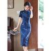 Retro Style Blue Short-sleeved Cheongsam Women's Daily High Slit Slim and Thin High-end Temperament Elegant Long Dress Summer