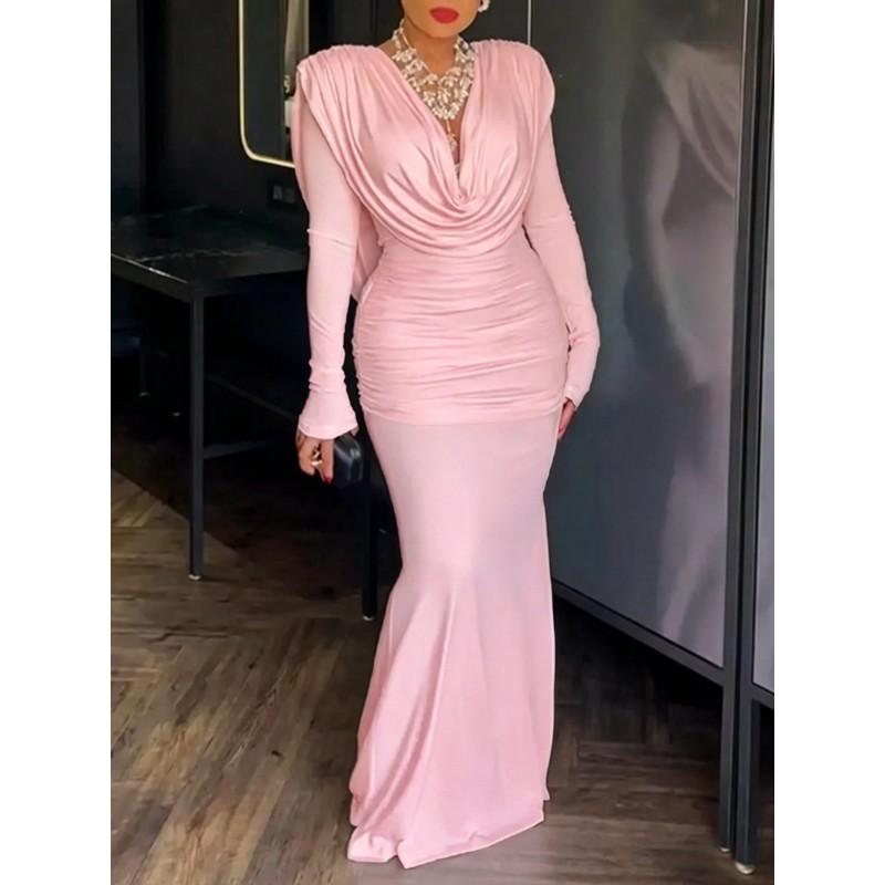 Womens Winter Solid V-Neck Long Sleeve Fitted Midi Dress With Waist Cinching Pleated Mermaid Hem