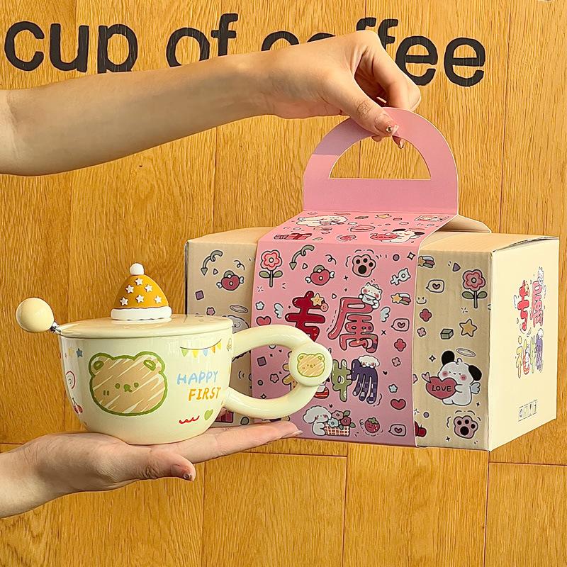 Gebt Mädchen Geburtstagsgeschenke, Cartoon-Hasenbecher, hochwertige Keramiktassen mit Deckel und Löffel und Geschenkboxen.