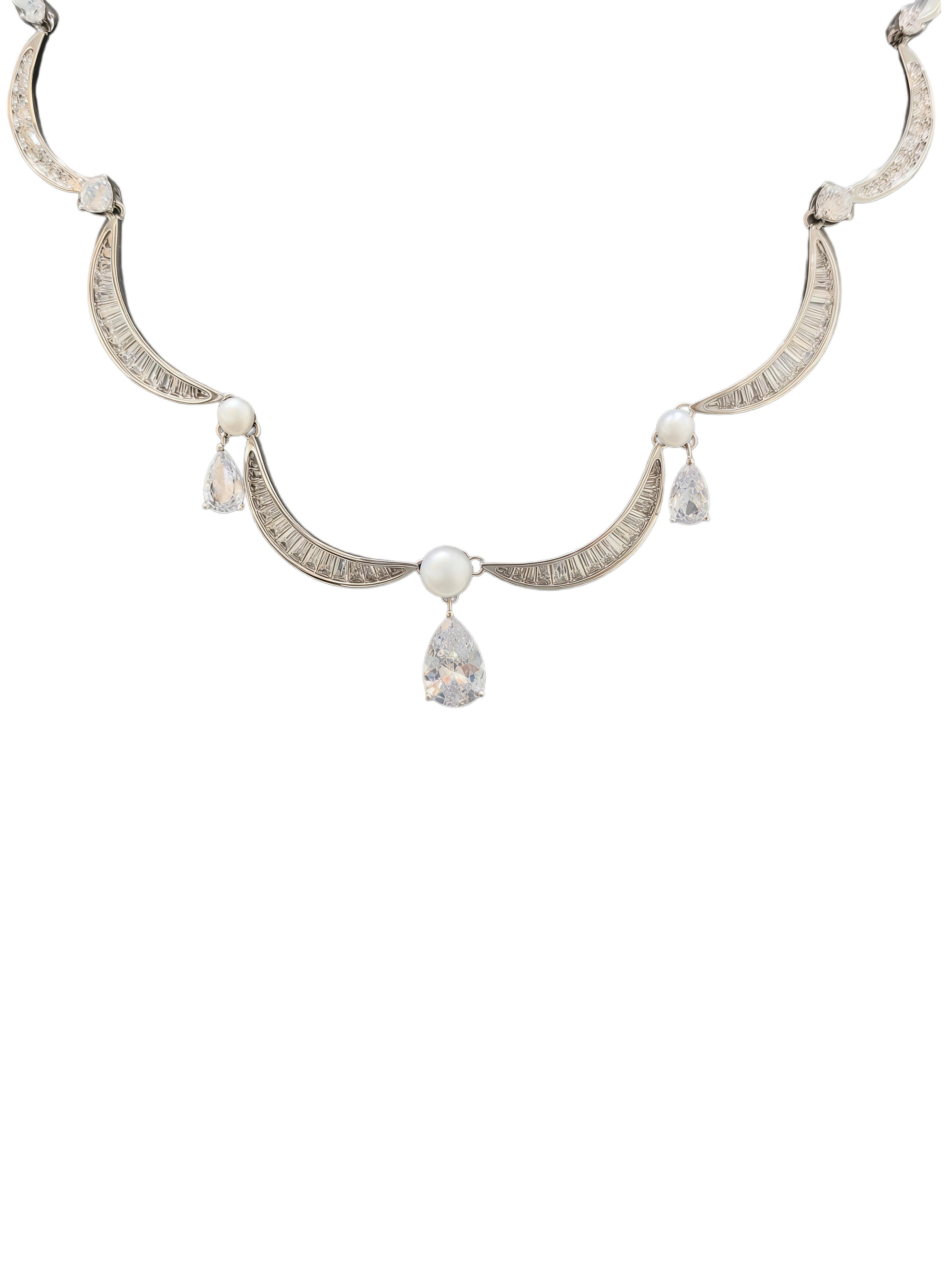 KAVNAR Necklace Elegant Silver Plated Statement Necklace With Cubic Zirconia & Imitation Pearl for Women