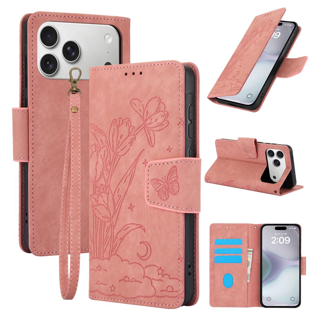 For iPhone 17 Pro Case Flower Butterfly Leather Wallet Phone Cover with Hand Strap