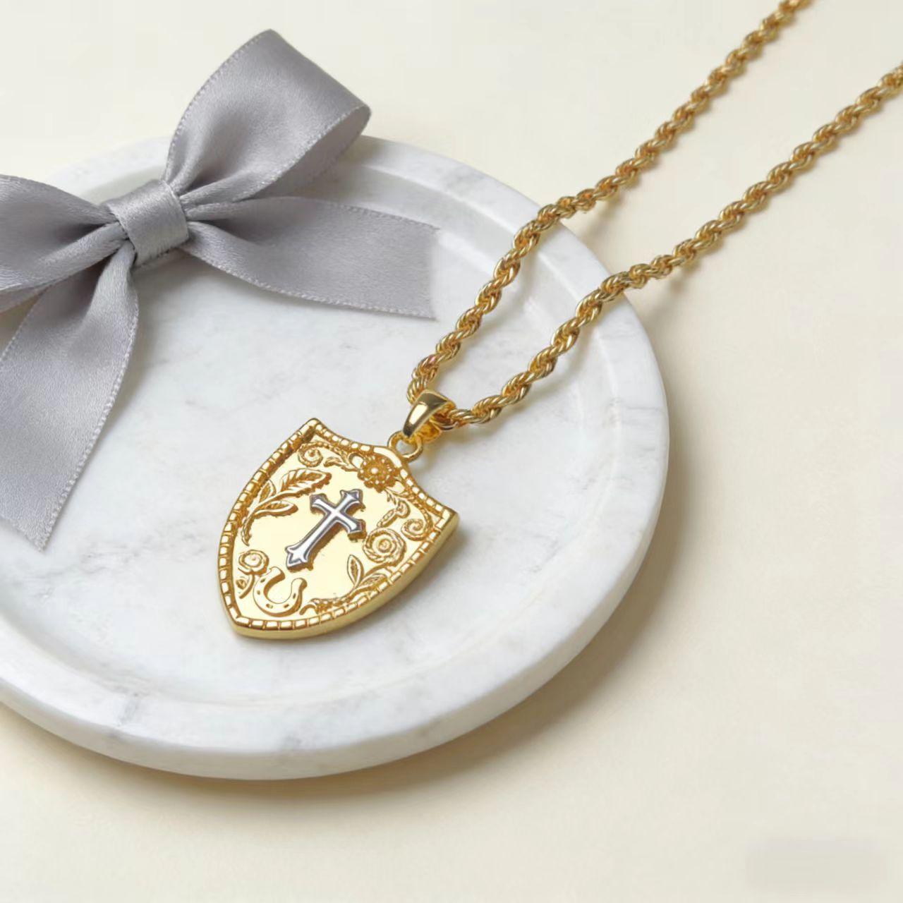 European and American Shield Cross Retro Versatile Faith Exquisite Brand Clavicle Chain Necklace Pendant 60CM(Necklace Long)