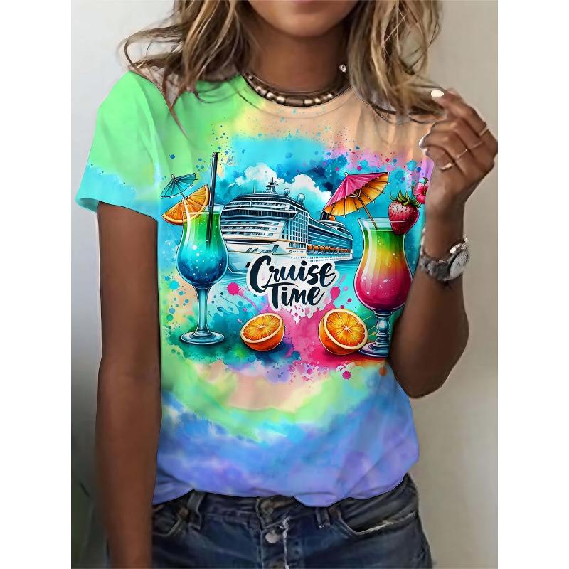 

3D pattern printing design, casual vacation T-shirt, women s elegant round neck top S