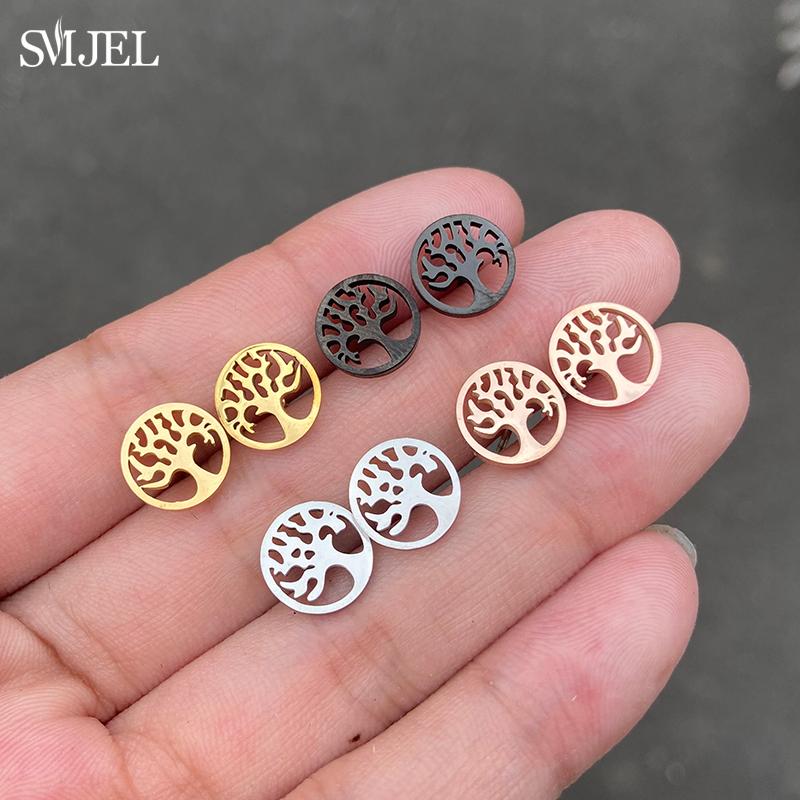 Fashion Round Tree of Life Stud Earrings Women Bohemian Tree Plant Jewelry Stainless Steel Earrings Ear Accessories Bijoux