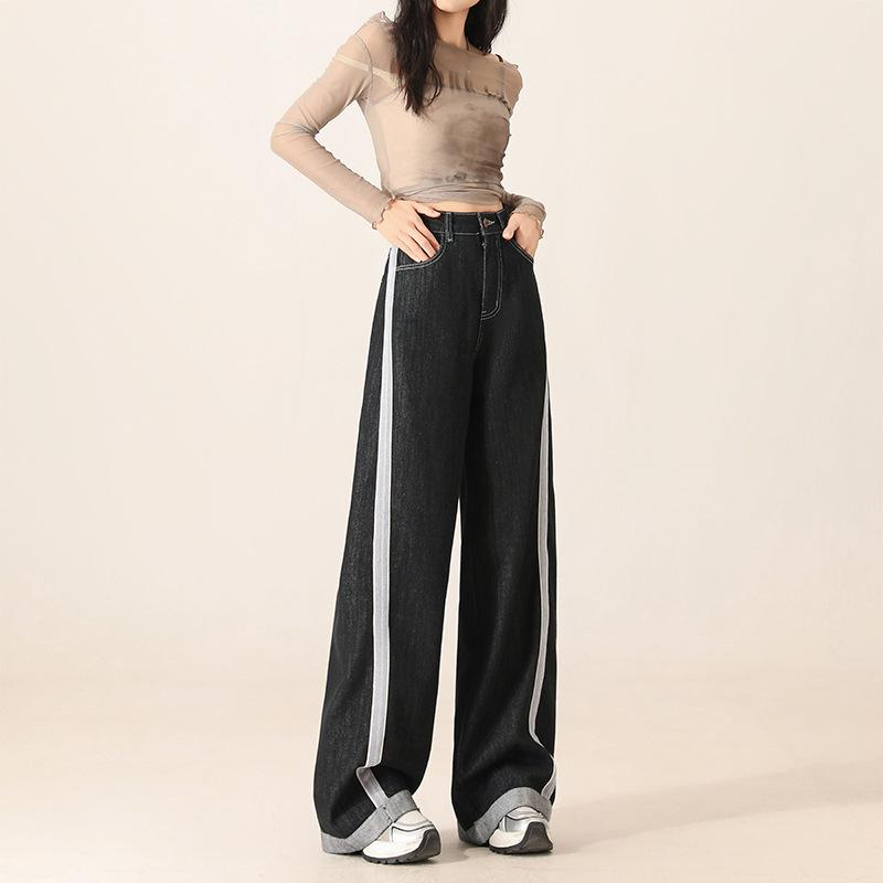 

Высокая талия Широкие джинсы Женские свободные прямые брюки длиной до пола из денима 2025 Весна Новый стиль Цвет Блок Дизайн Повседневные женские джинсы XL чёрный