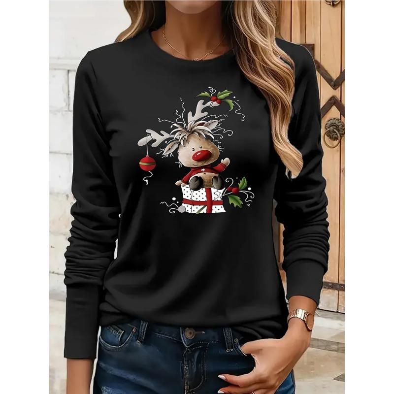 European and American women’s cute Christmas reindeer printed long-sleeved T-shirt – sports and casual style, printed design